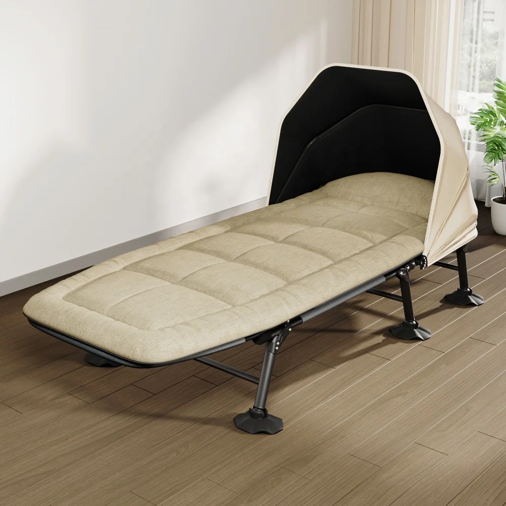 2026 New Patent Design Outdoor Portable Folding Khaki Metal Frame Linen Fabric Lightweight Camping Bed with Sunshade