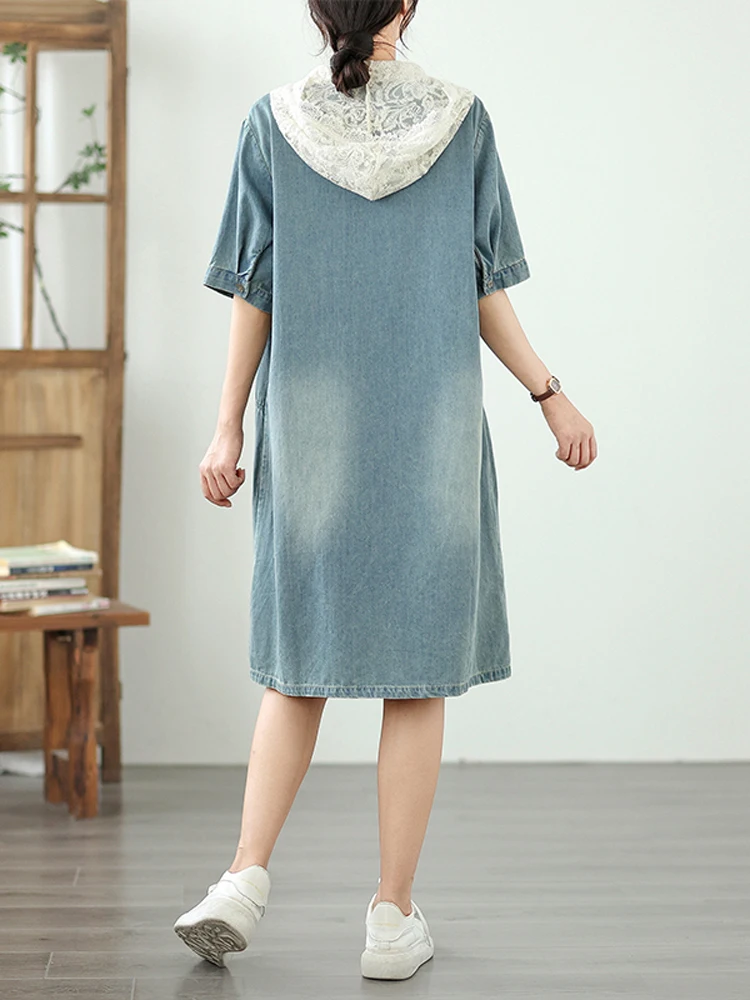 NYFS فستان صيفي 2025 النمط الكوري المرأة فضفاضة حجم كبير كم قصير الدانتيل هود فستان الدنيم رداء Elbise