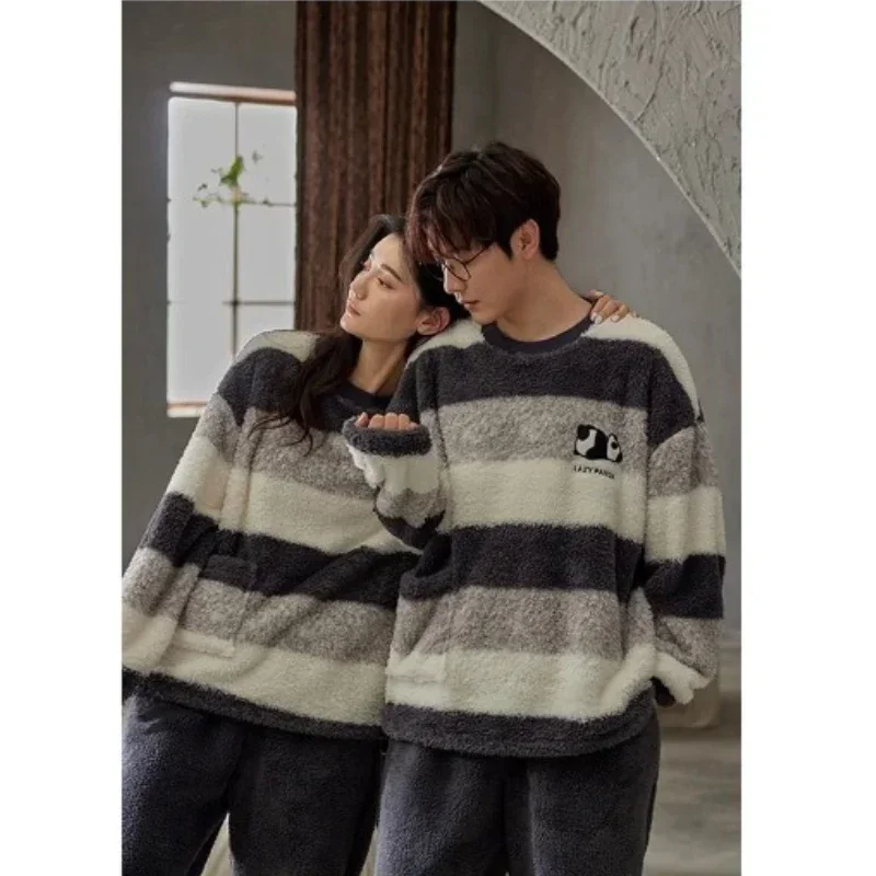 Striped Fleece Couple Pajamas with Fleece Thickened Fall Winter Coral Fleece for Men and Women Can Be Worn Outside Loose Comfort