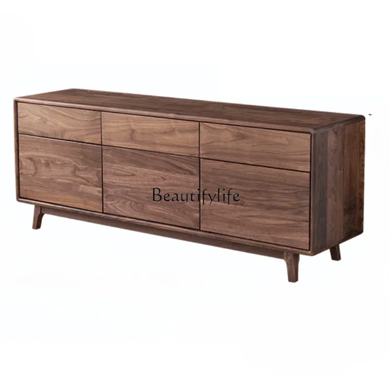 

LD33Nordic Log North America Black Walnut Wooden TV Cabinet Light Luxury Bedroom TV Stand High Solid Wood