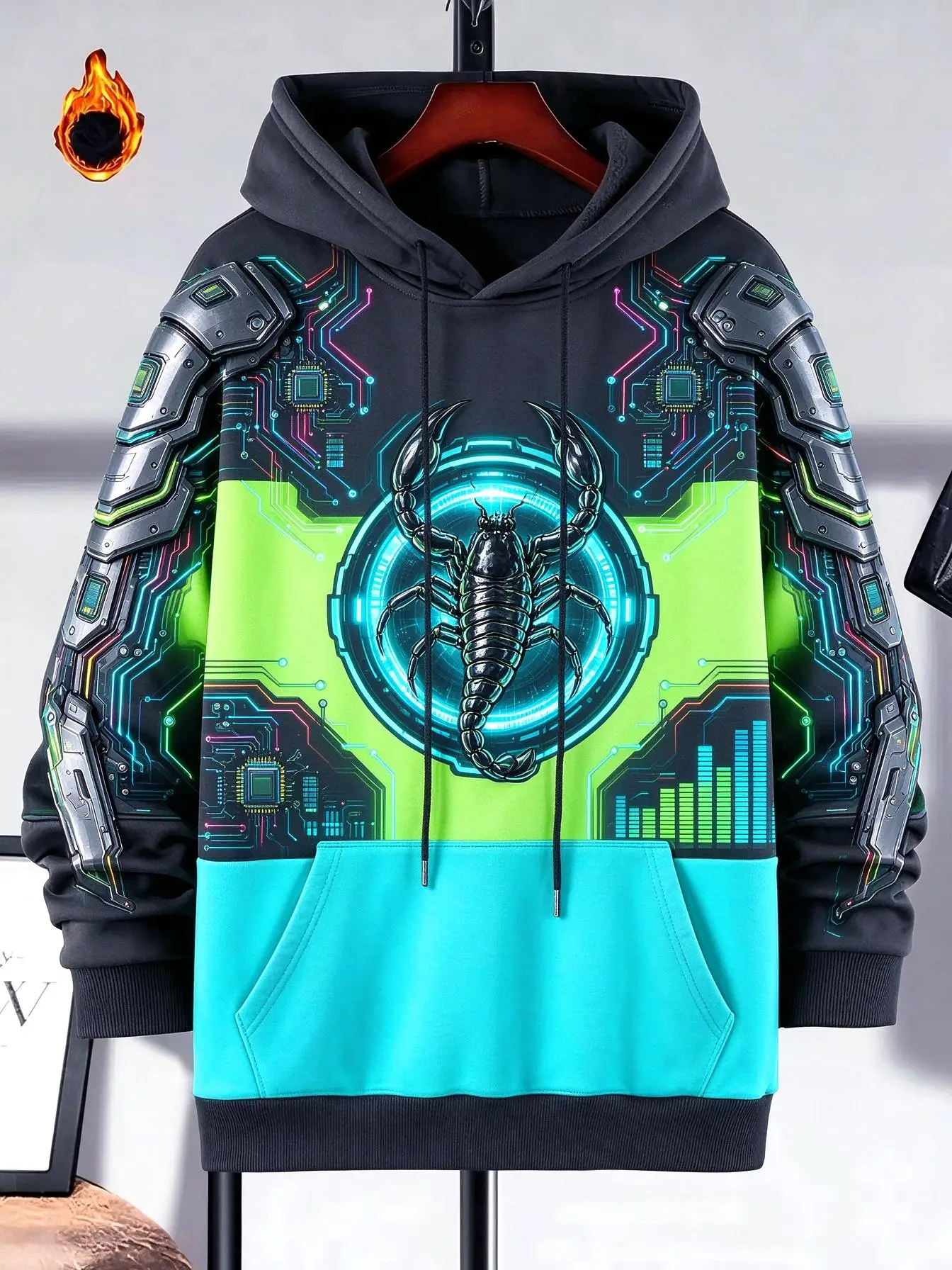 Men's Hoodie Thin Autumn Winter Futuristic Cyber Circuit Neon Scorpion Pattern Print Hoodie Loose Fit Sci-fi Tech Street Style