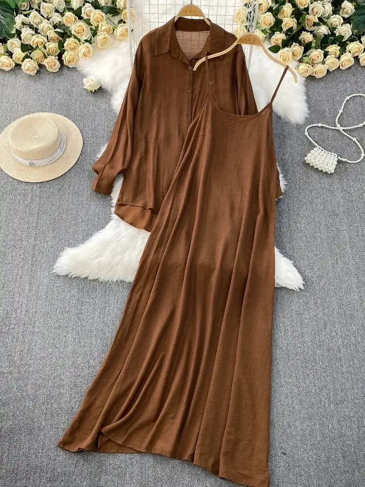 

Women Dress Two Piece Set Spring Summer Loose Outer Thin Long Sleeved Shirt Top Sleeveless Casual Camisole Bodycon Dress Outfits