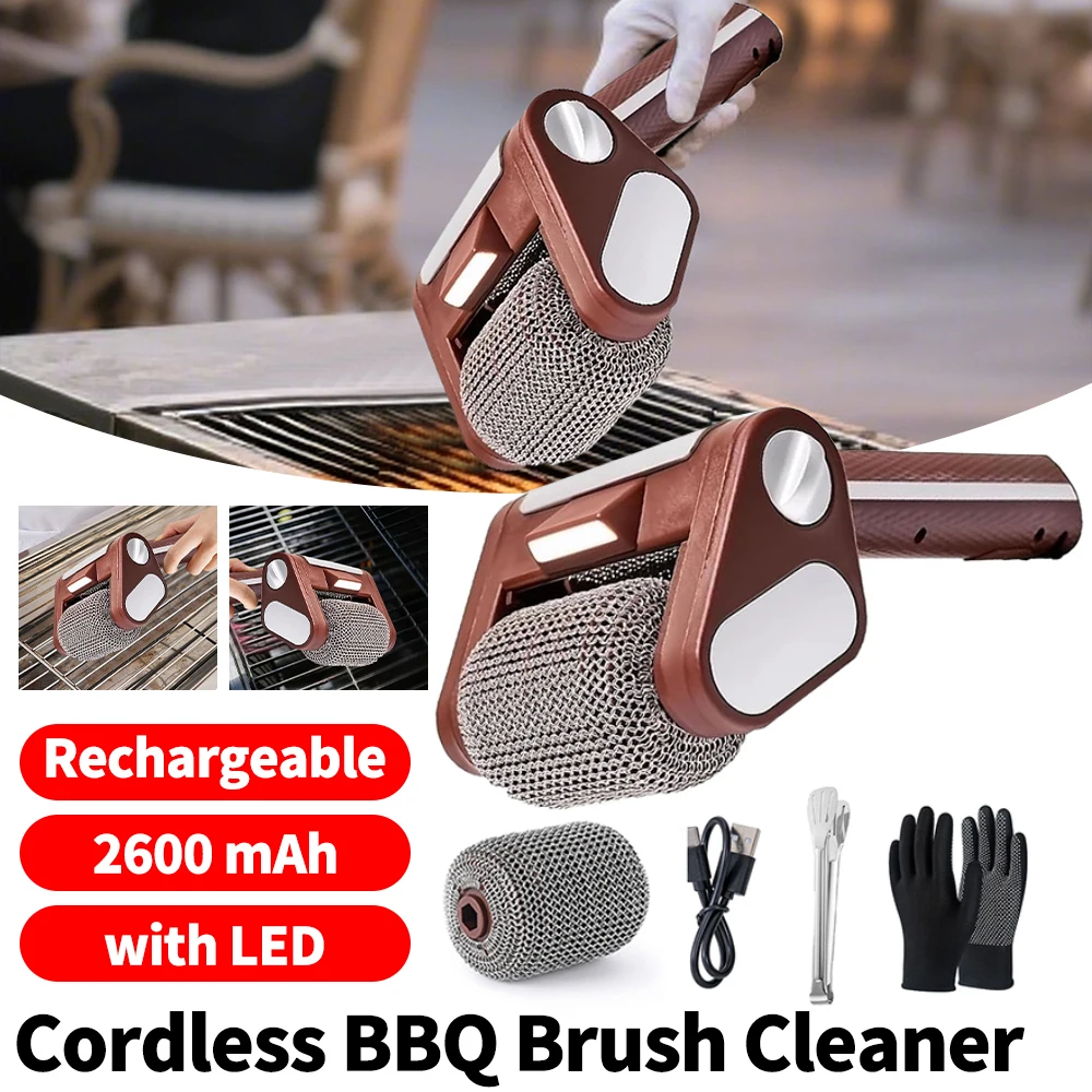

Rechargeable Electric Stainless Steel Roller Grill Cleaner Brush Replaceable Brush Heads Home BBQ Accessoires with LED Lights