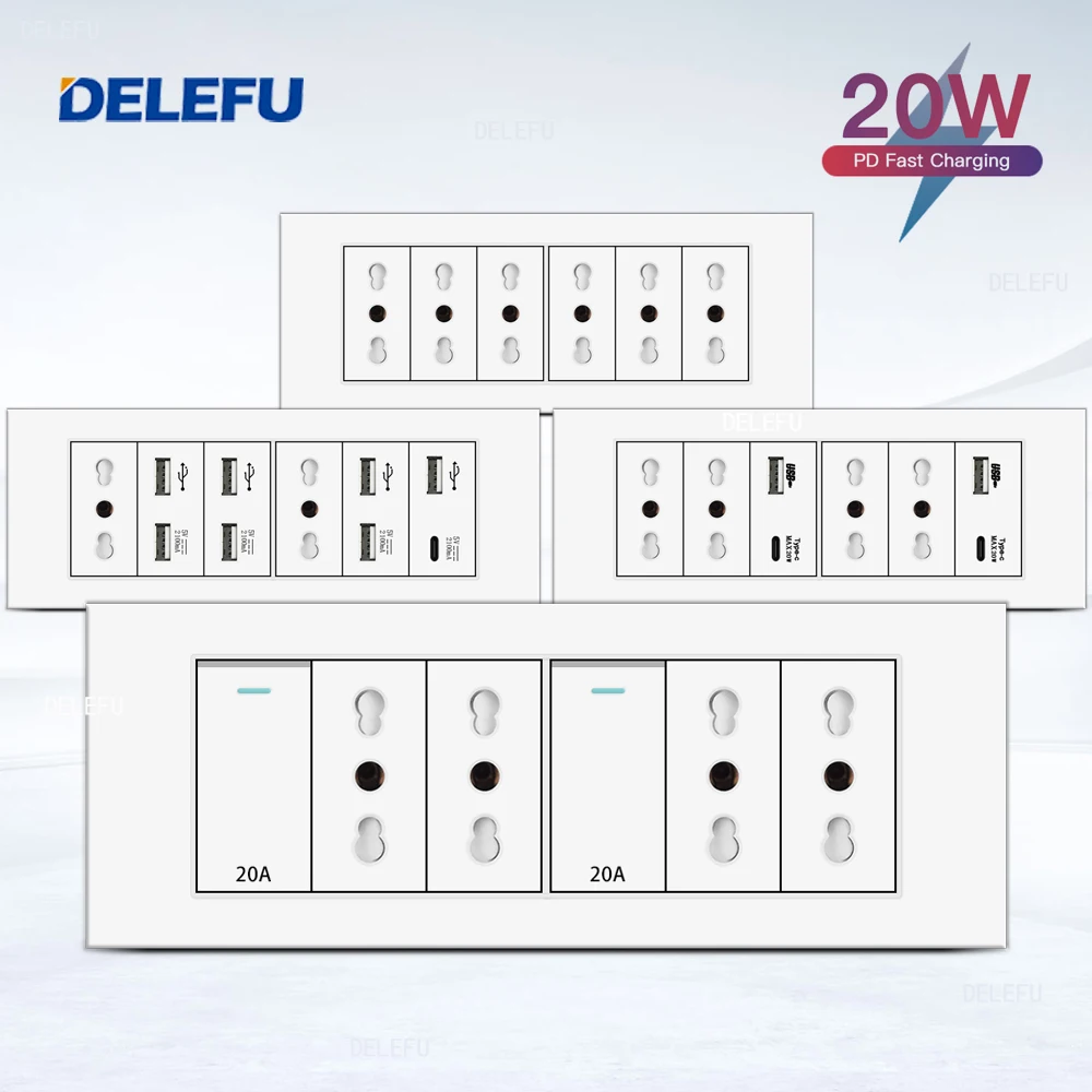 

DELEFU Flame Retardant SC31 Panel 195mm White Italian Standard USB Type C Fast Charging Wall Socket Switch TV Phone CAT5 CAT6