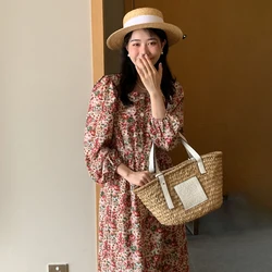 Korea Style Women Spring Long Floral Shirt Dress with Belt 2022 New Female Square Collar Puff Sleeve Midi Dresses