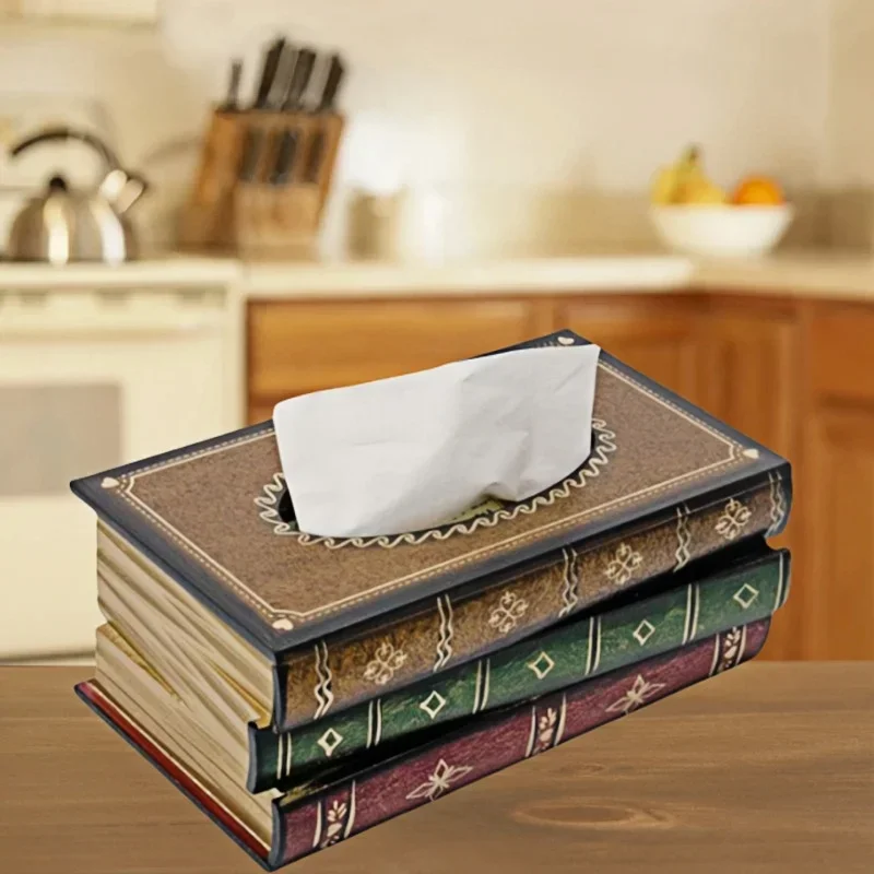 

Exquisite Classical Vintage Wooden Book Tissue Box, Rectangular Napkin Holder Dispenser, Restaurant Tissue Storage Box Ornament