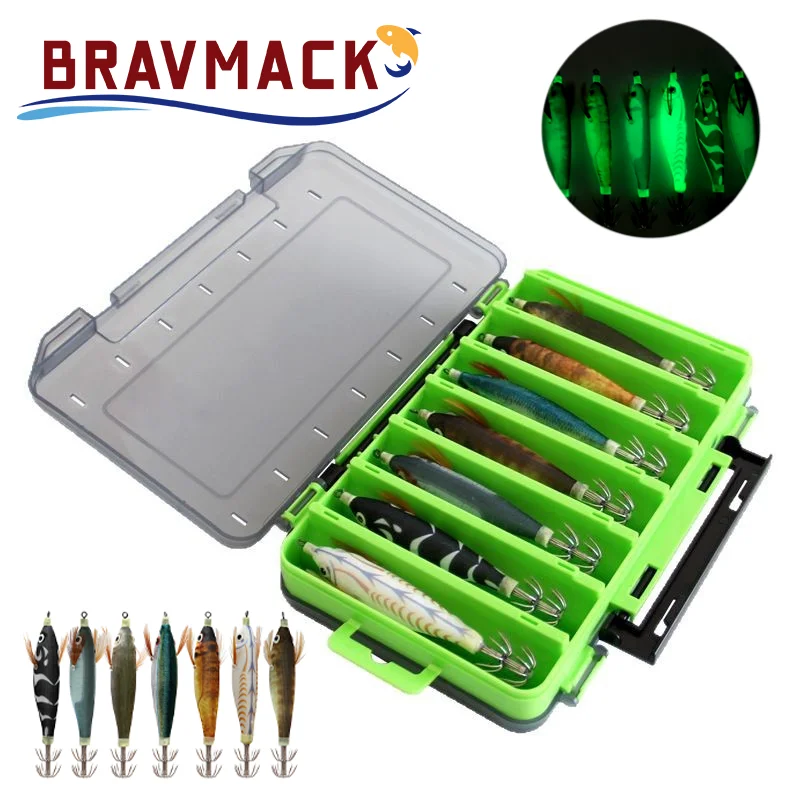 14 pièces/paquet 10cm gabarits de calmar boîte lumineuse en bois crevettes leurre de pêche calmar crochet seiche poulpe appât de pêche en mer