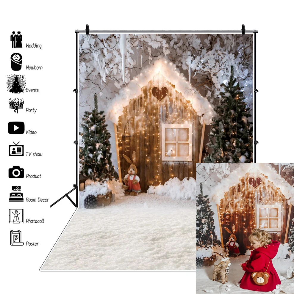 Christmas Wood Floor Backdrop Winter Snow Xmas Tree Gift Christmas Family Party Background New Year Party Decoration Backdrop