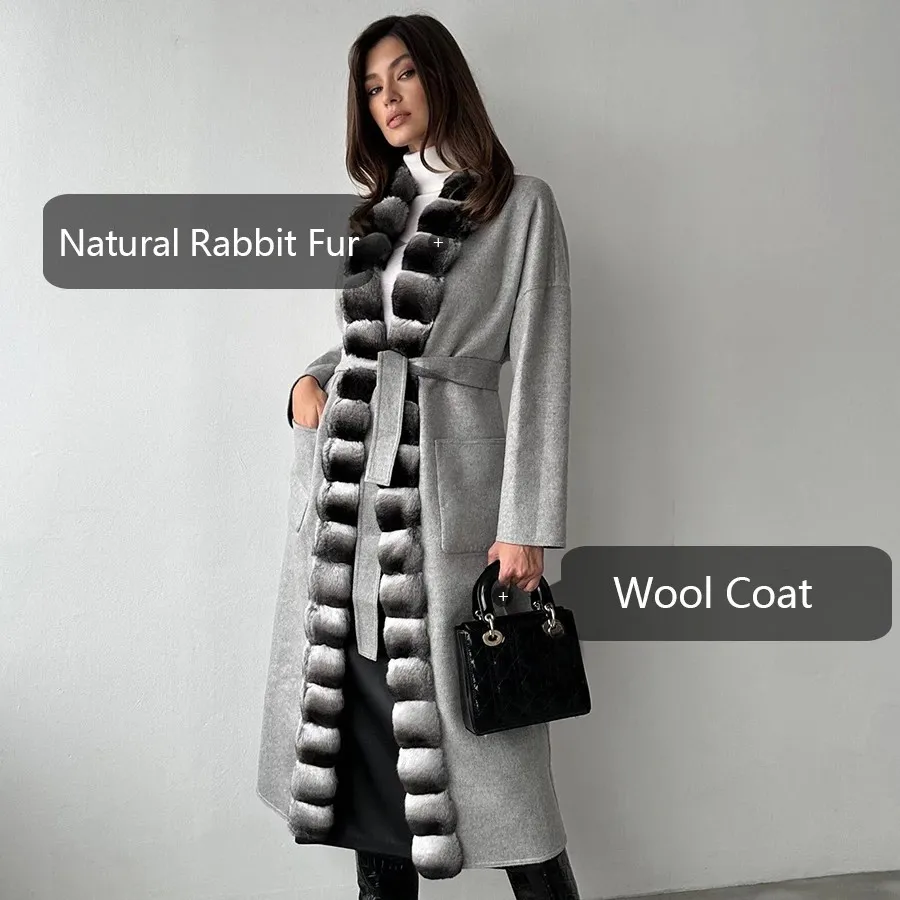 Cashmere Coat With Real Rex Rabbit Fur Collar Luxury Womens Wool Blends Coats Best Seller Woolen Jacket