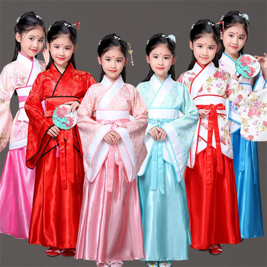 traditional chinese hanfu woman dancing clothing white classic dress folk dance costumes for kids girls children child red blue