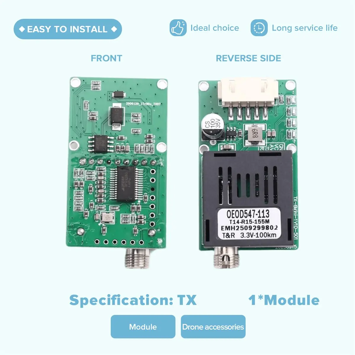 Y1648A*☀▃100KM TTL Optical Transceiver Module DC 5.5-26V Optical Terminal Equipment Drone-Specific TX SkyEnd