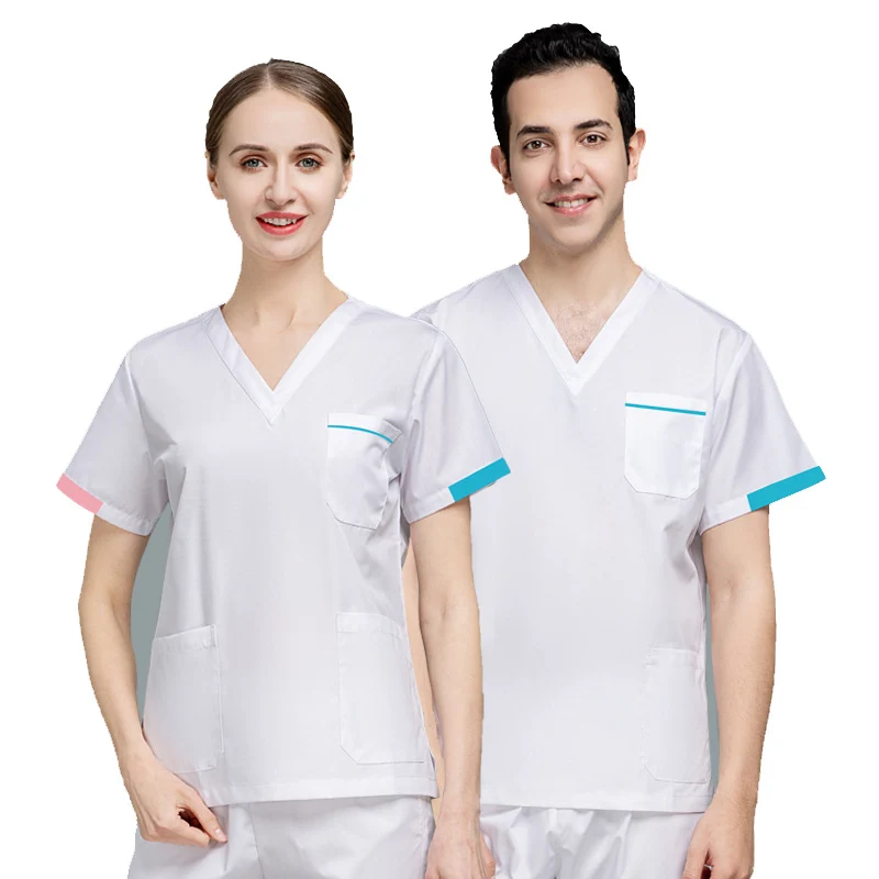 Uniformes médicos de cor branca para mulheres Conjuntos de esfrega, Tops e Calça Hospitalar, Ternos de trabalho Clínica Odontológica, Salão de beleza