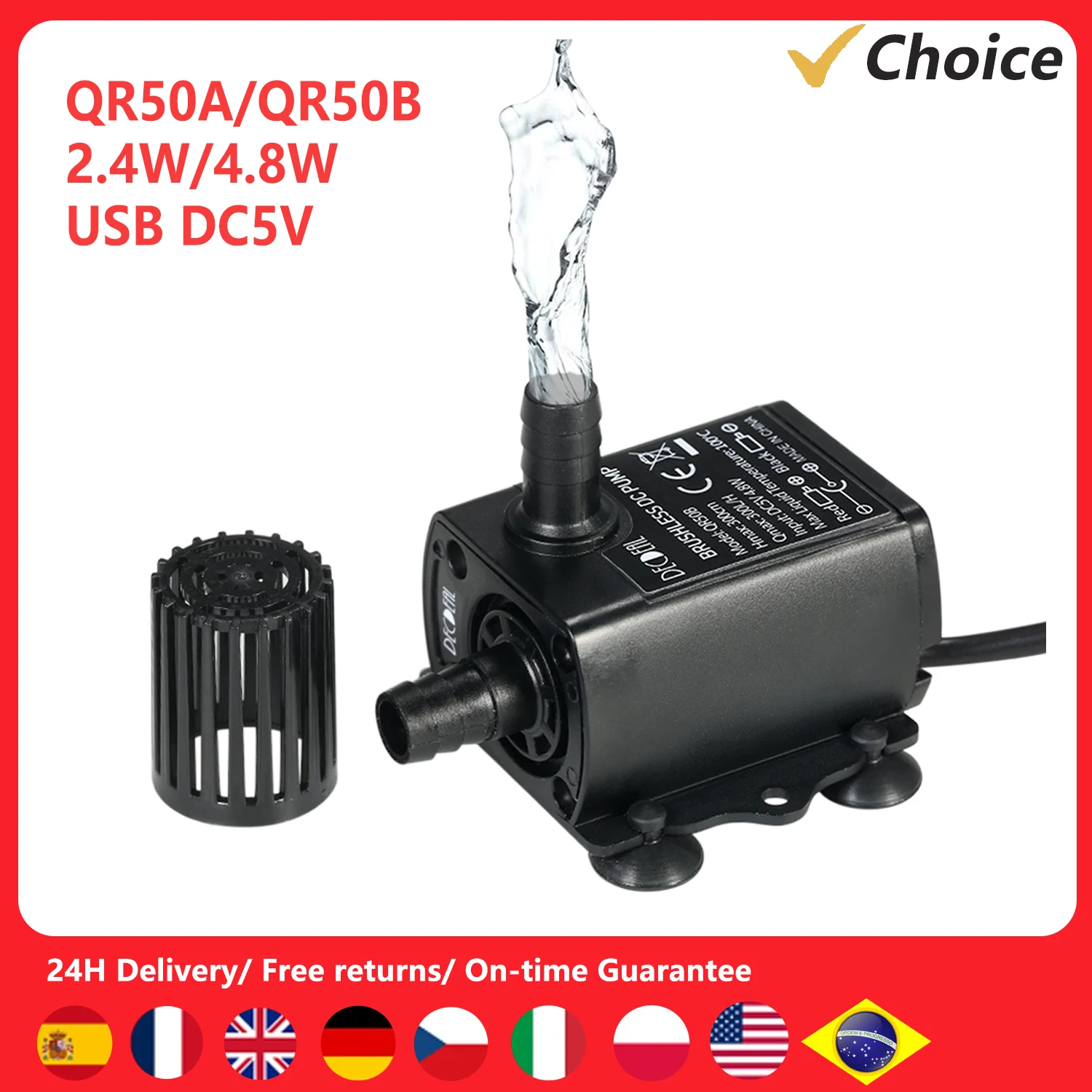 USB DC5V 2.4W Ultra-quiet Mini Brushless Water Pump Waterproof Submersible Fountain Aquarium Circulating 250L/H Lift 200cm