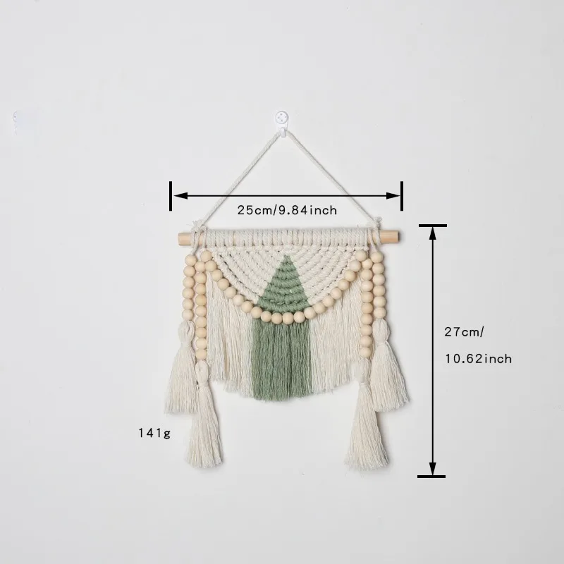 Nordic Minimalist Weave Tapestry Handcrafted Green White Wood Bead Wall Art for Living Room Study Bedroom Cotton Hanging Decor