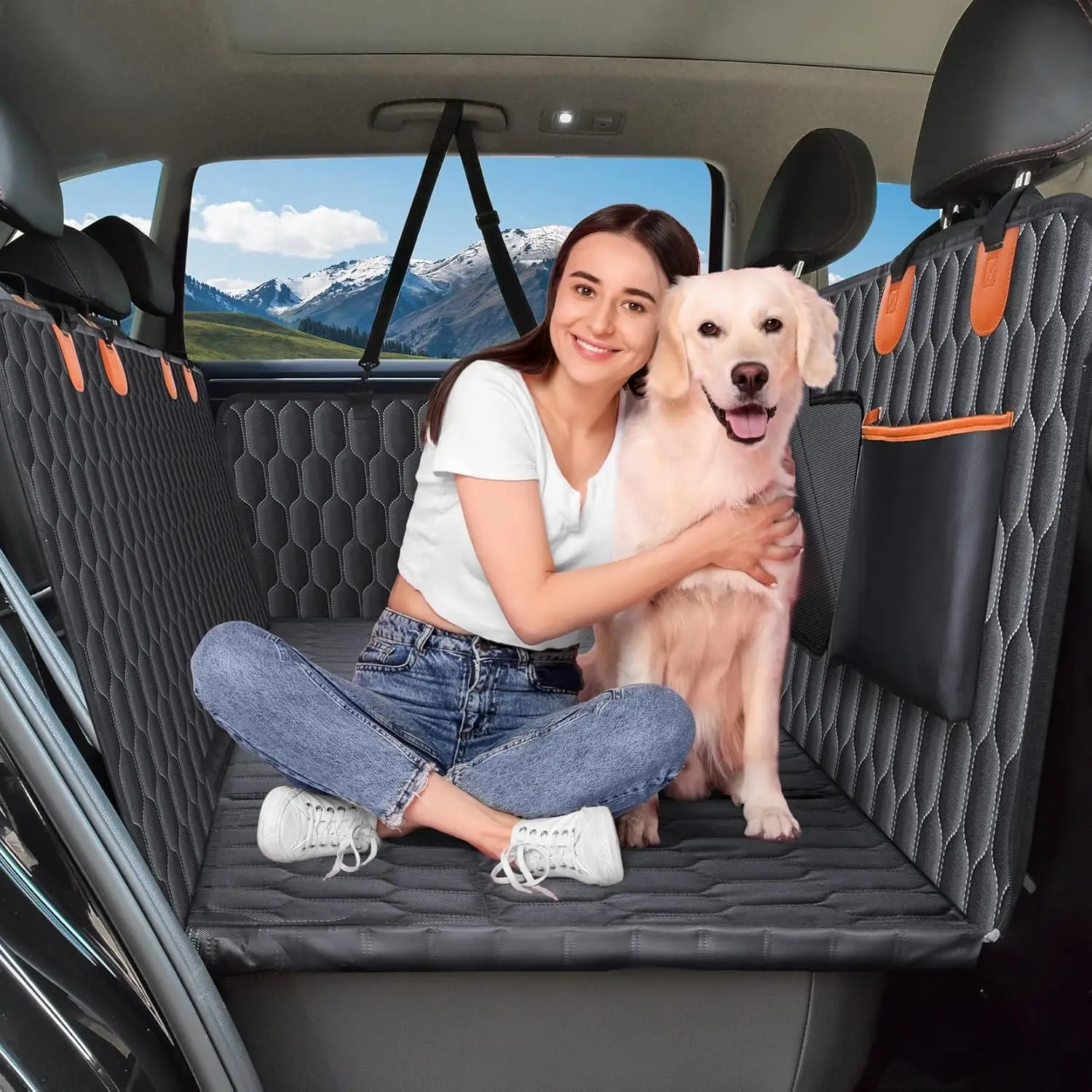 

Waterproof Dog Car Seat Cover with Hard Bottom, Supports 400lb, Detachable & Nonslip for SUVs