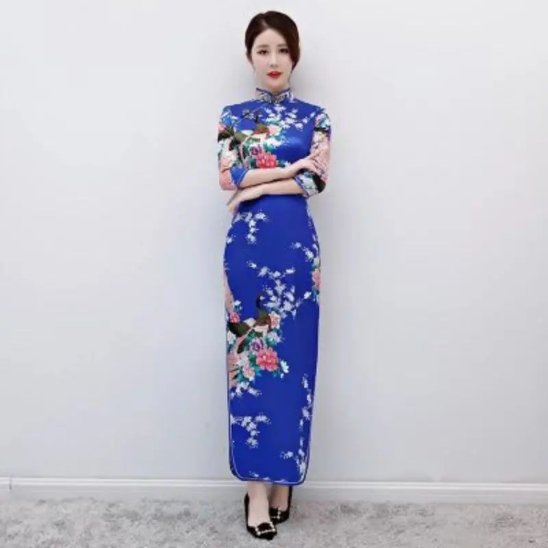 

2024 mid-length sleeve cheongsam retro Chinese cheongsam evening dress annual meeting show catwalk slim fit