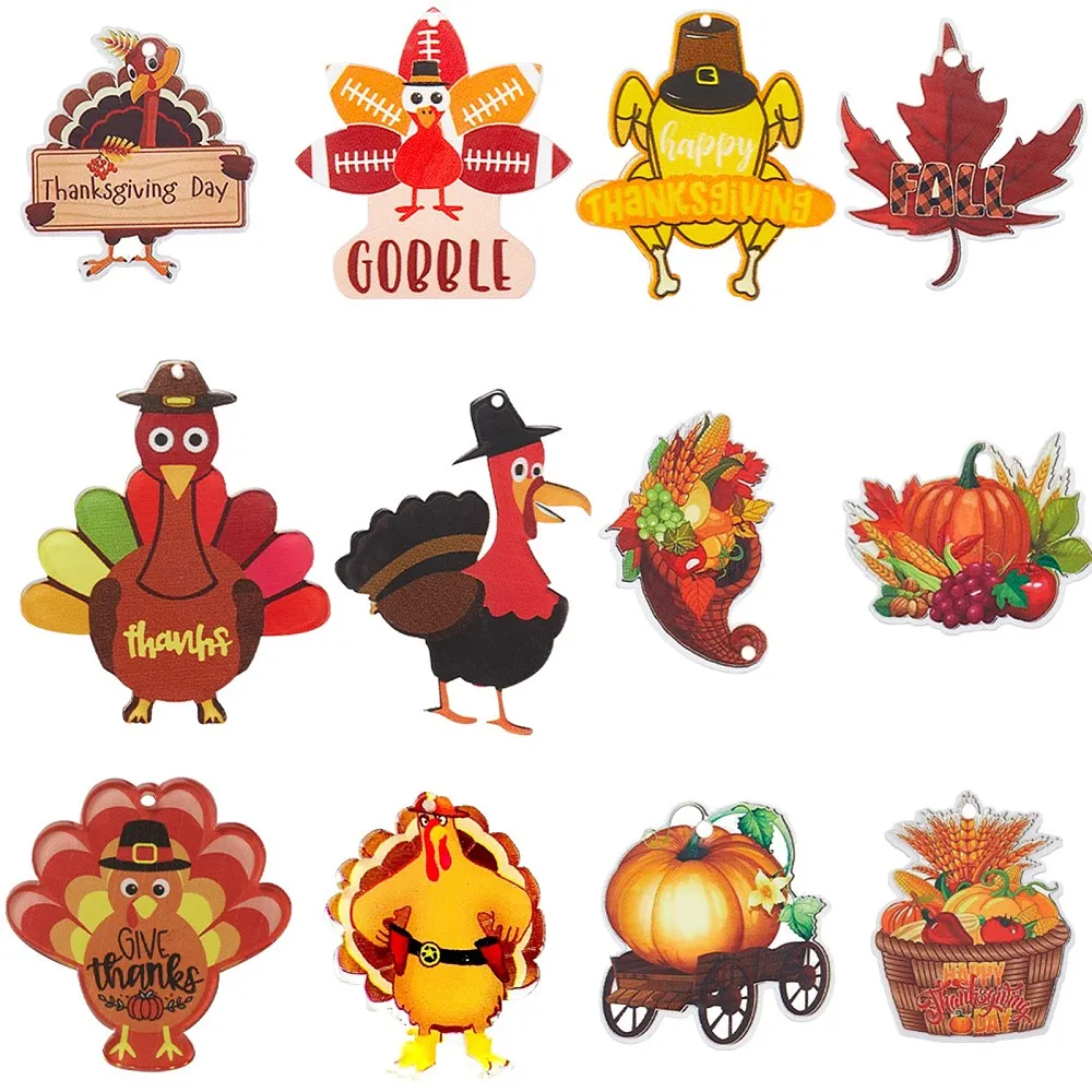 24Pcs Thanksgiving Turkey Charms Fall Charm Bulk Autumn Harvest Food Fruit Vegetable Pumpkin Maple Leaf Chicken Corn Charms