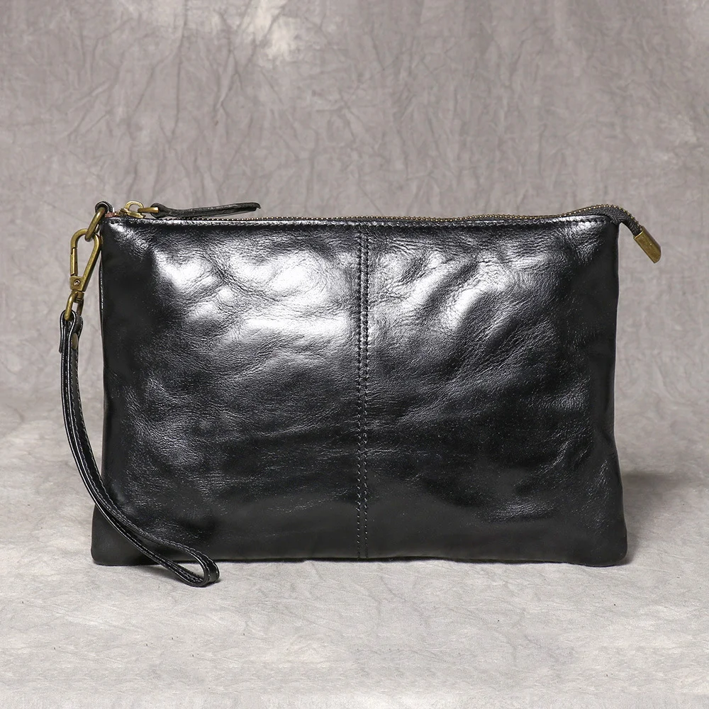 LUOKIR New Vintage Handmade Genuine Leather Men's Clutch Bag Fashion Women's Bag Large Capacity Cowhide Document Wristlet
