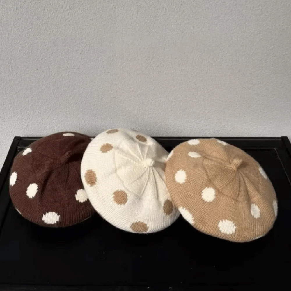Wind Resistant Polka Dot Beret Stretchy Fabric Round Shape Wool Beret Warm Knit Casual Children Cap Kid Daily Wear