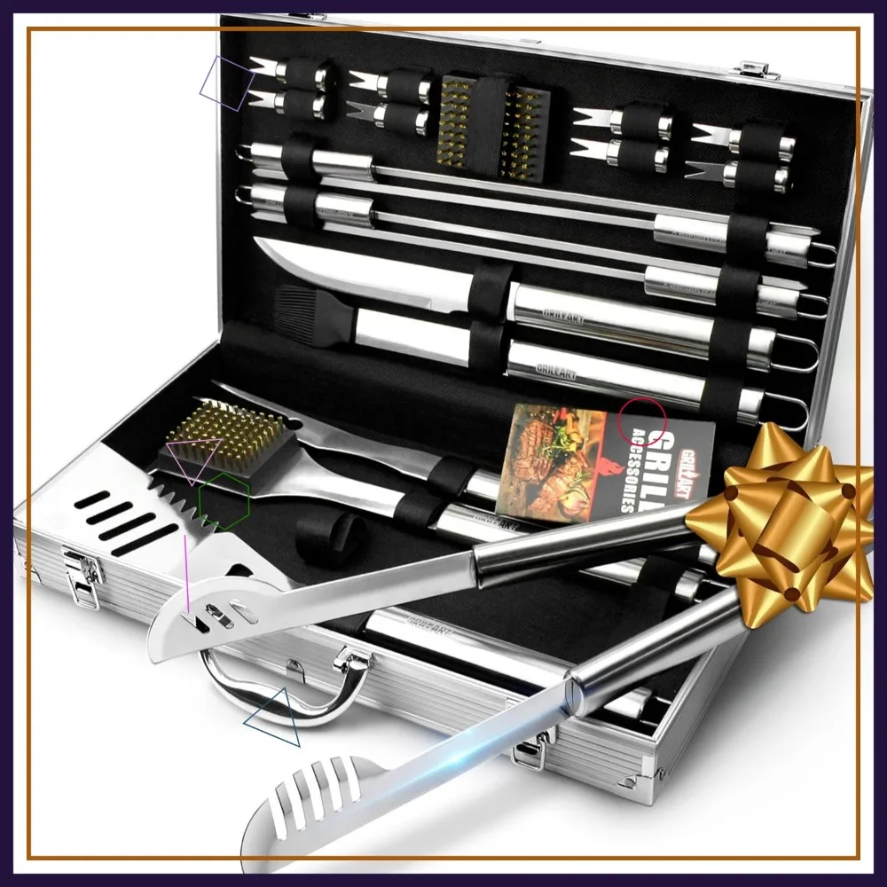 

19-Piece Stainless Steel BBQ Grill Utensil Set with Aluminum Case - Complete Outdoor Grilling Kit for Dad