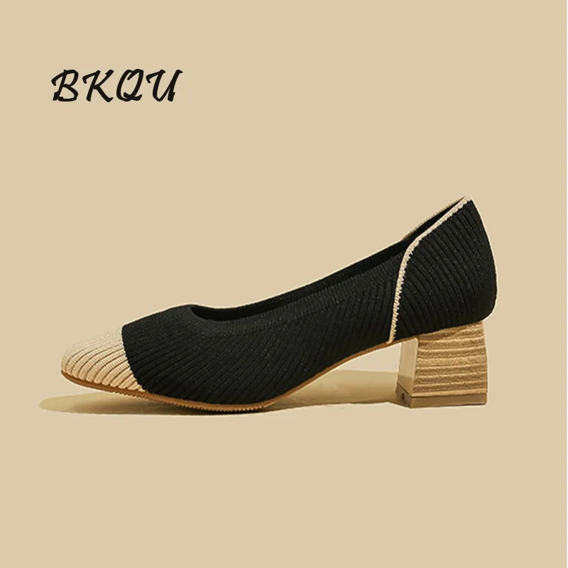 BKQU Fashion 2024 New Women\'s High Quality Square Heel Woven Matching Color Japanese Medium Heel Platform Shoes Knitted