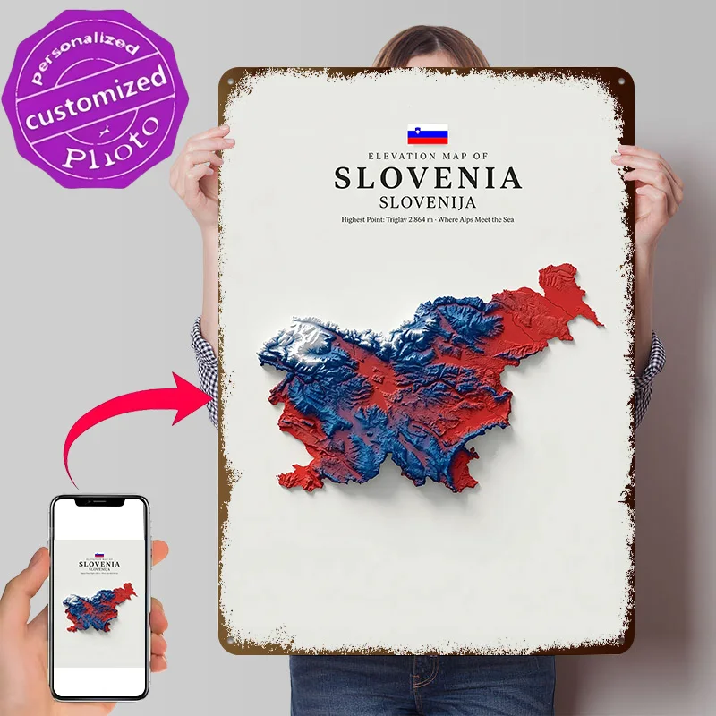 Elevation Map of Slovenia 3D Printed Texture Poster Personalized Wall Art Retro Metal Tin Signs for Decor Room Decoration Gaming