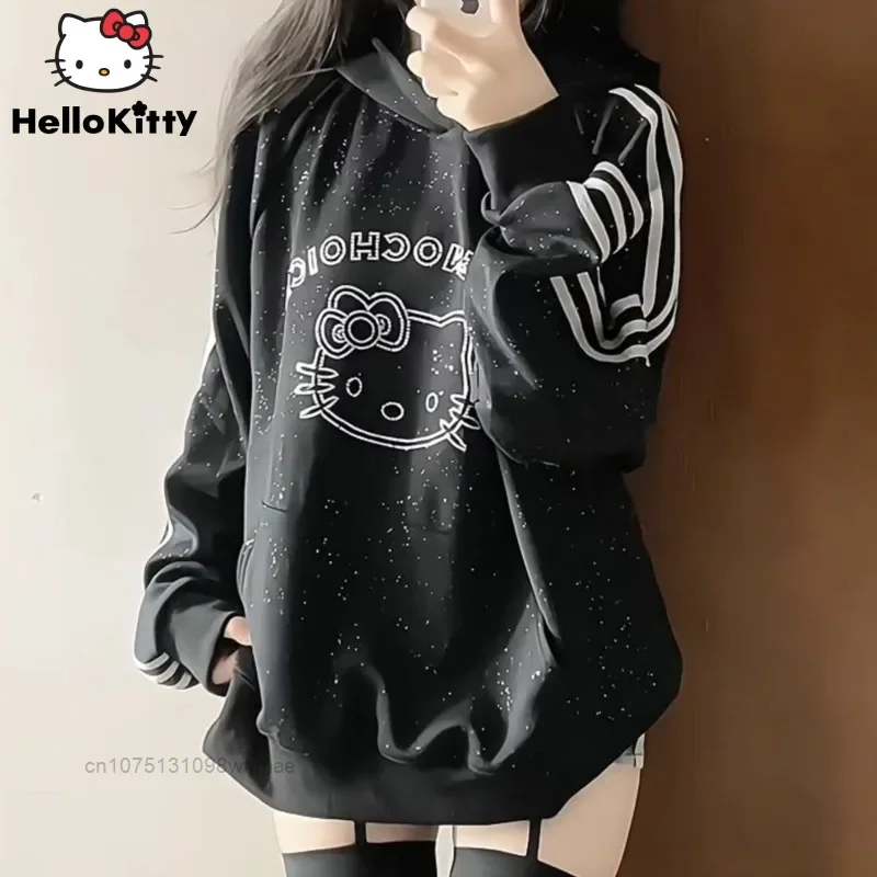 

Sanrio Hello Kitty Hot Diamond Hooded Hoodies Y2k Stripe Guards Sparkling Stars Jackets Loose Men and Women Zip-up Clothes