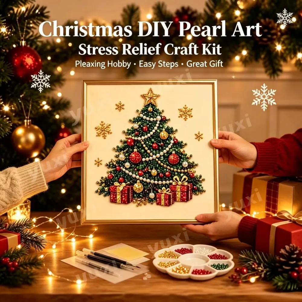 5D Christmas Pearl Diamond Painting DIY Kit, Sparkling Rhinestone Art, Santa Snowman Reindeer Home Wall Decor Gift