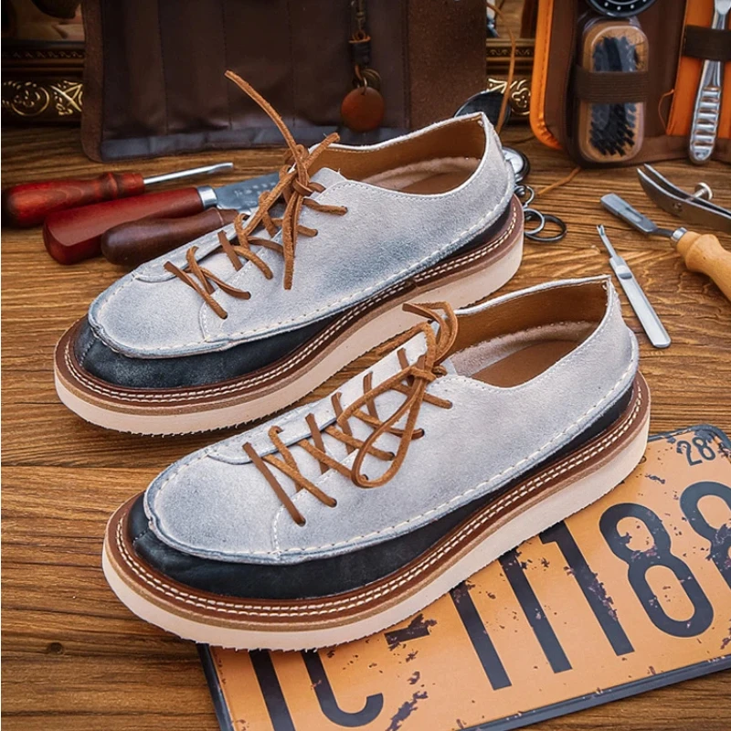 YETTIES Men's Low Top Work Boots,lace-up men's  Korean Street Style Chunky Toe Mixed Material Design, British Retro Combat Look