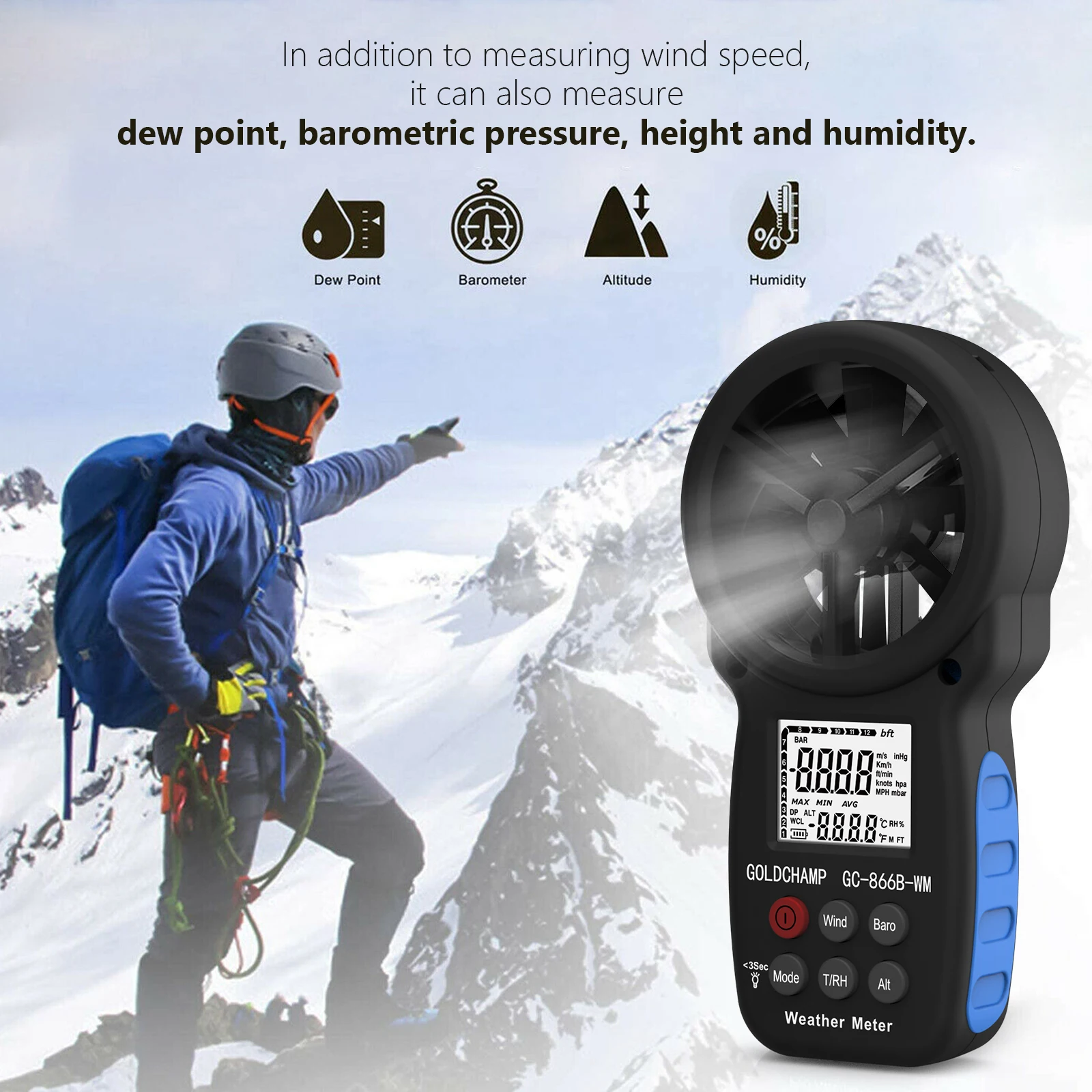 

HOLDPEAK Digital Anemometer, HP-866B-WM Wind Speed Measurement Anemo graph LCD Anemometro with Backlight Air Flow Tester