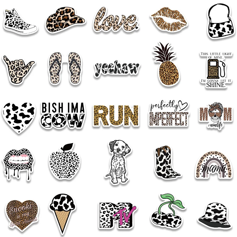 50pcs Cow Leopard Print Stickers Pack Ipad Laptop Phone Stationery Guitar Sticker DIY Journal Accessories Scrapbooking Supplies