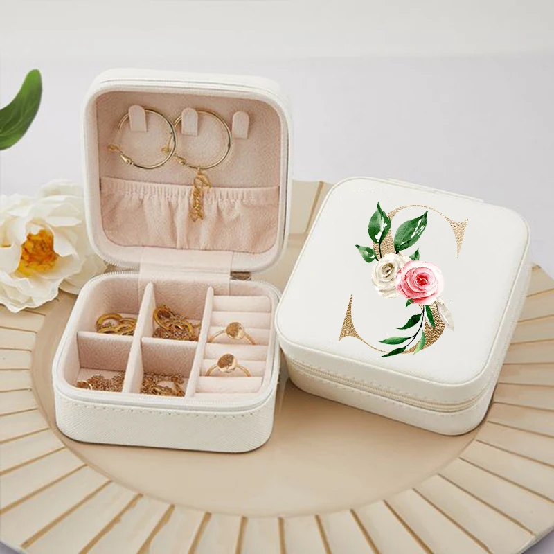 

Flower Gold Letters Jewelry Boxes Portable Bridesmaids Gifts Organizer Display Travel Jewelry Case Boxes Earrings Necklace Ring