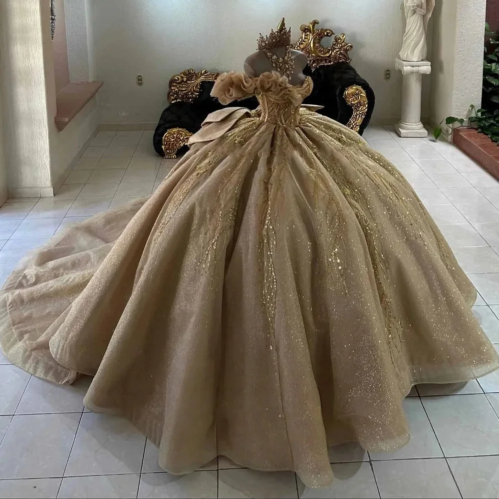 Champagne Charro Quinceanera Dresses Ball Gown Sweetheart Appliques Beaded Mexican Sweet 16 Dresses 15 Anos Customized