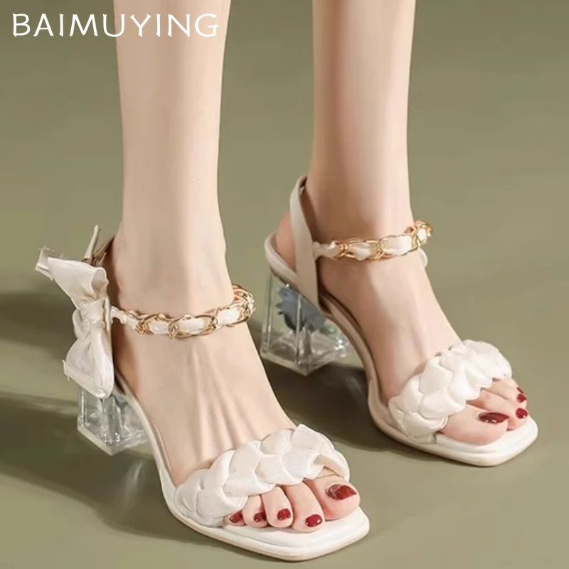 Women Bow High Heels Sandals Square Toe Shallow Heeled Shoes Elegant Slingback Pumps 2025 Summer Fad Chunky Zapatillas De Mujer