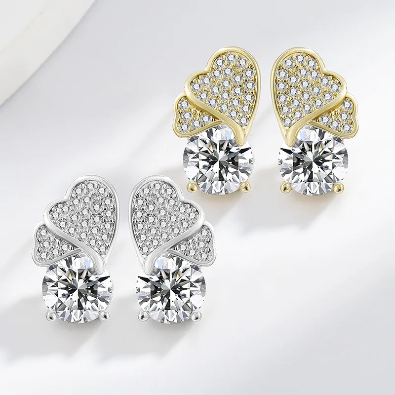 Korean-style zircon heart-shaped ear studs, 925 sterling silver plated with 18K gold, elegant and refined jewelry.