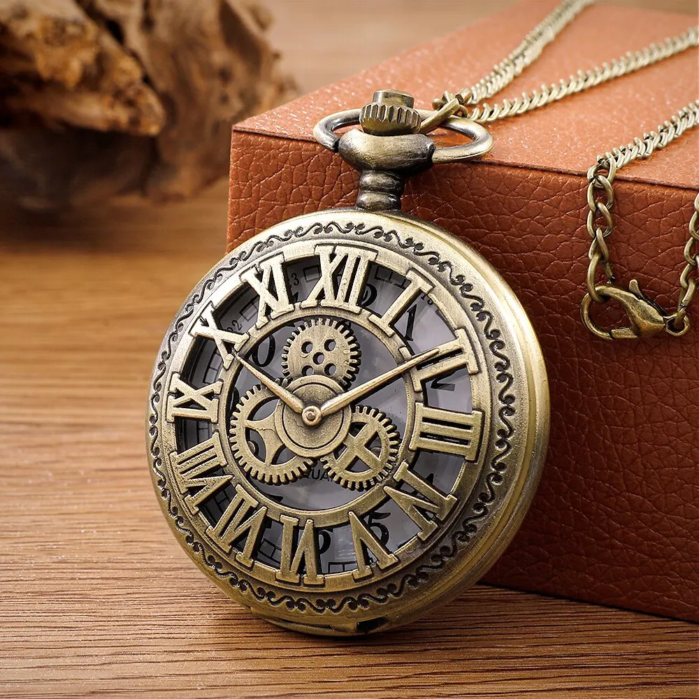 2026 New Antique Steampunk Vintage Roman Numerals Quartz Pocket Watch Bronze Case Necklace Pendant Clock Chain Mens Women