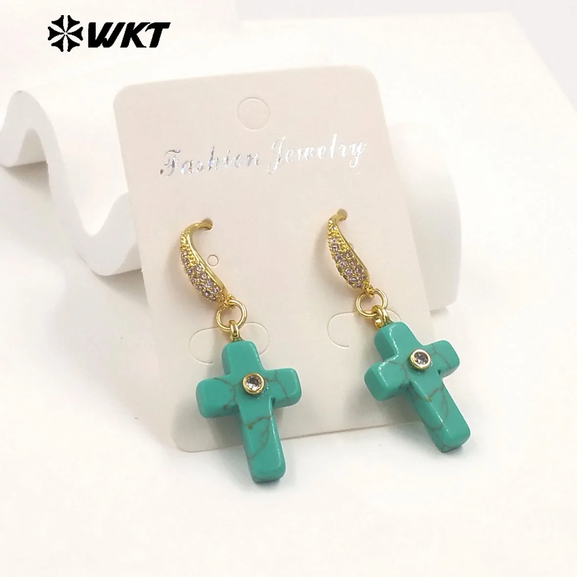 

WT-E819 Popular Fashionable Zircon And Natural Gemstones Cross Design Gold Earrings As Female Wedding Matching Jewelry