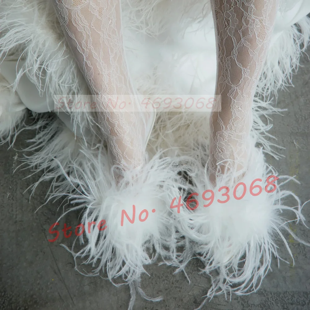 

White Ostrich Feather Heeled Slippers Women Sweet Flowing Fur Wedding High Heel Shoes Ladies Party Pink Satin Dress Slippers