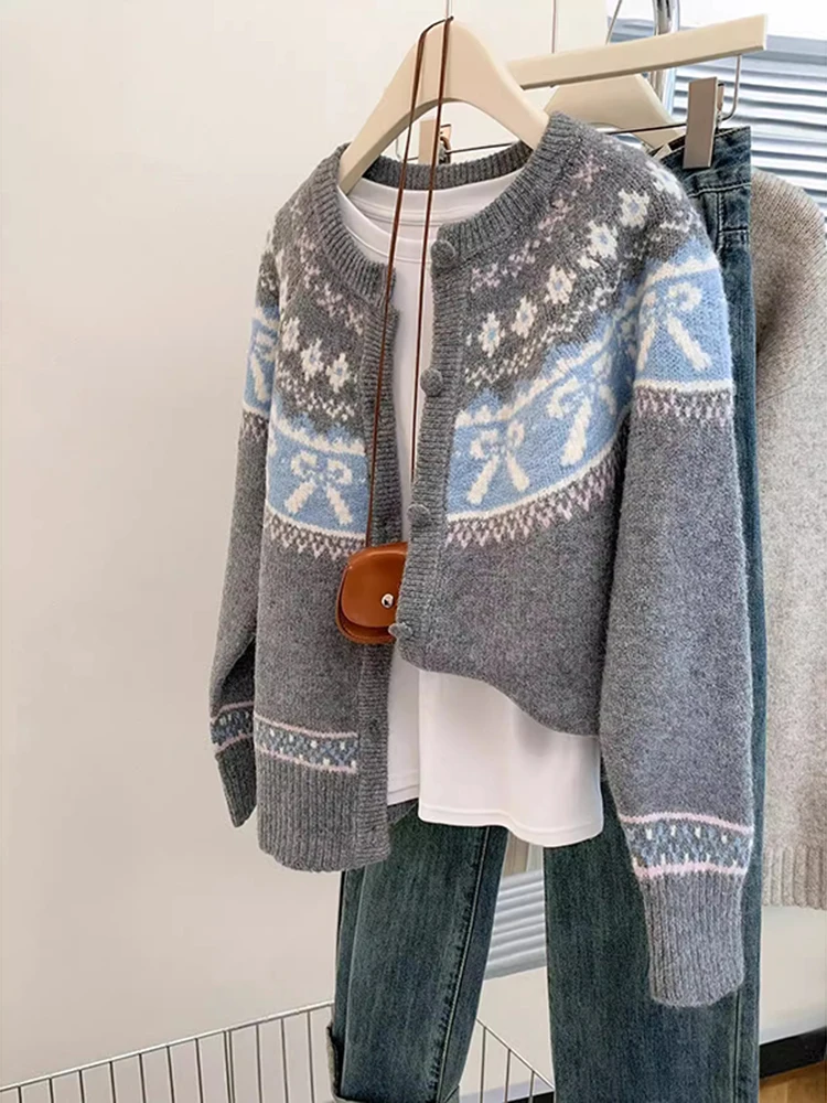 Vintage Jacquard Round Neck Sweater Cardigan Casual Versatile Knitted Tops Autumn Winter New Lazy Style Sweater Coat