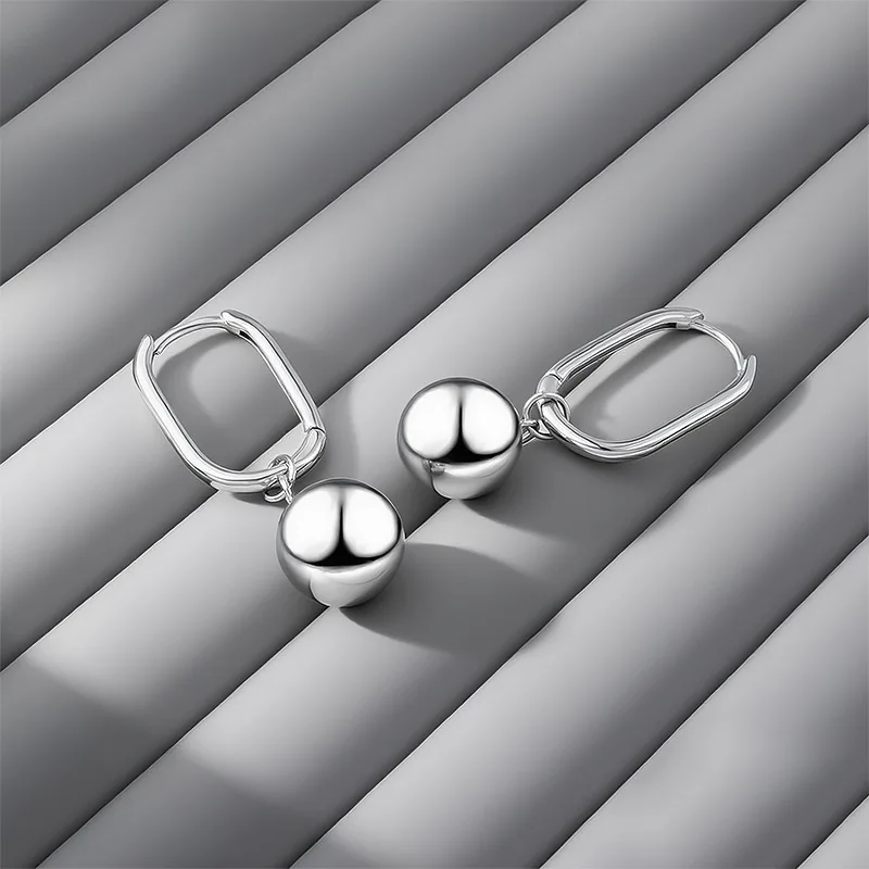 Original 925 Sterling Silver Large Beads Ball Hoop Earrings For Women Korean Wedding Party Jewelry Gift Female Pendientes Aretes