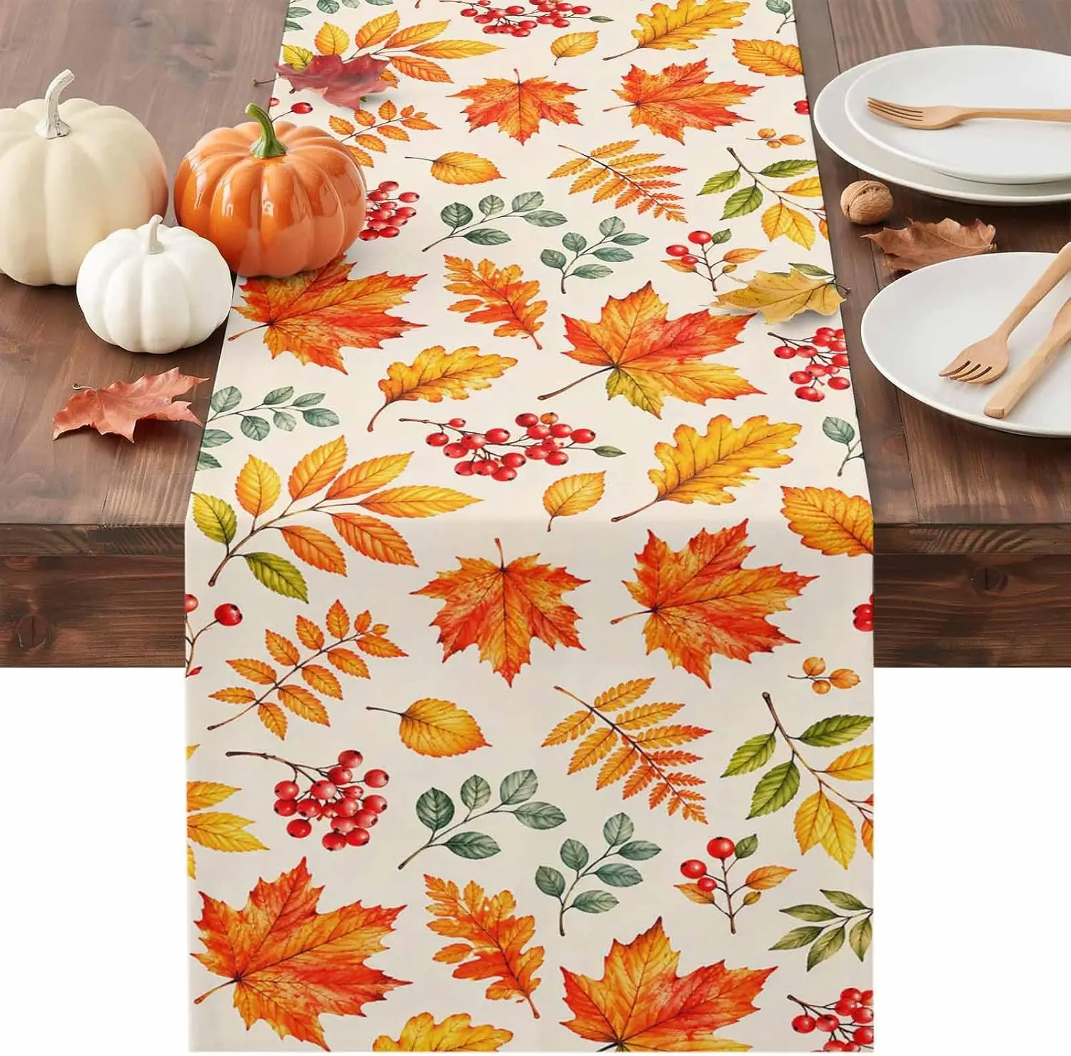 Autumn Watercolor Maple Leaves Linen Table Runner Thanksgiving Home Decor Fall Harvest Kitchen Dining Table Runners Home Decor