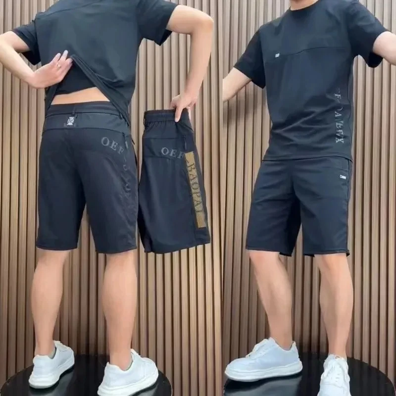 

Летний тонкий комплект из ледяного шелка для мужчин: быстросохнущий, эластичный, с принтом, дышащий, прохладный, спортивный, легкий и комфортный...