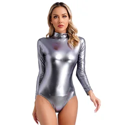 Body de Ballet Atlético brillante metálico para mujer, mono ajustado de manga larga, Ropa de baile de Ballet de una pieza para Yoga y Fitness