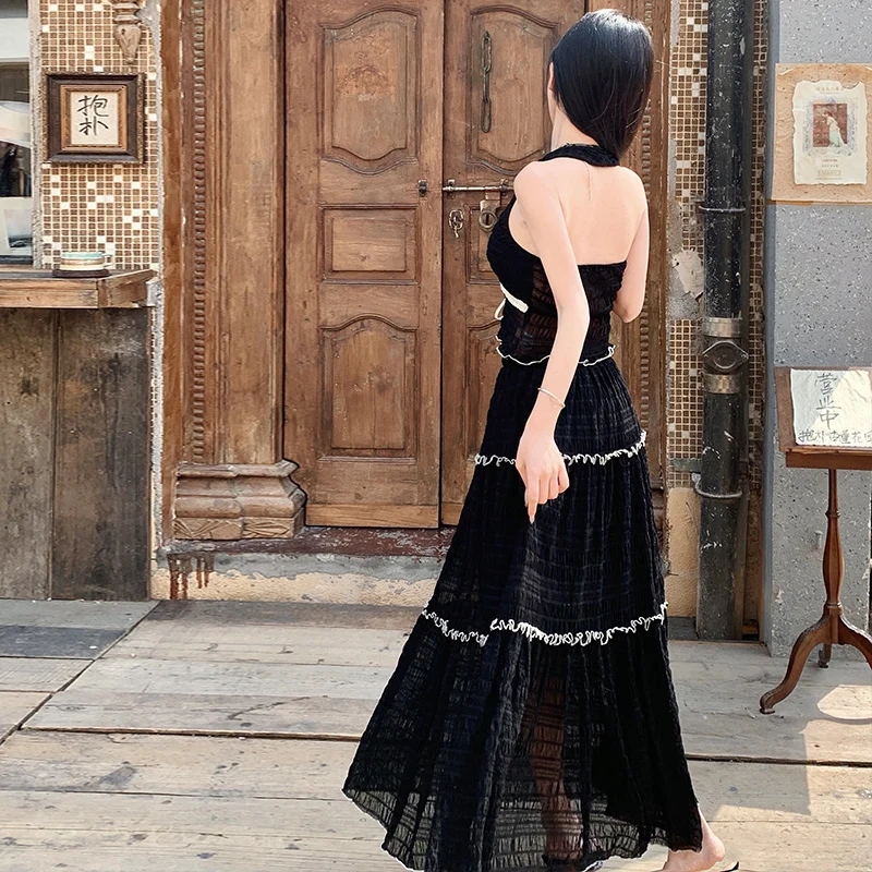 

Black Sexy Bandage Skirt Sets Women Halter Sleeveless Vest Tops A-line Pleated Long Skirts Suits Summer Vacation Two-piece Set
