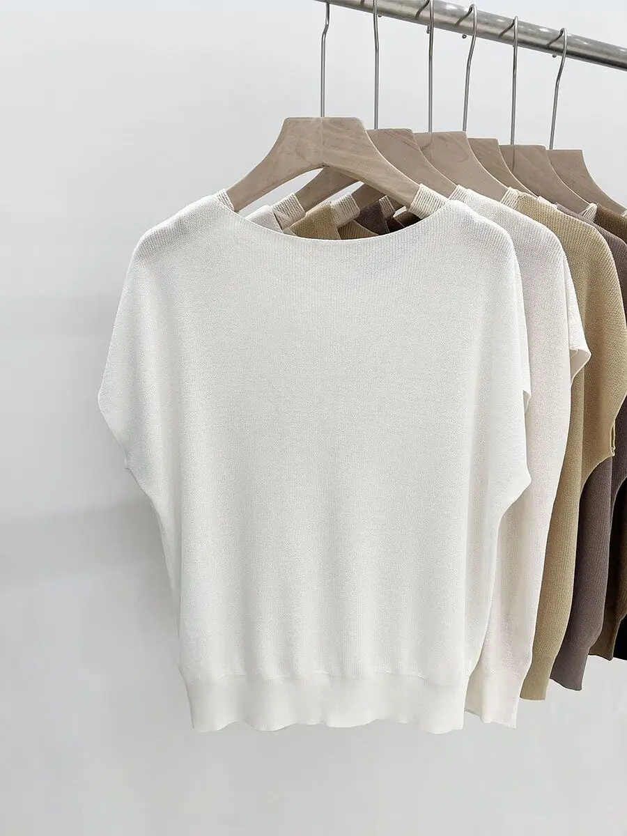 فضفاض واحد الكتف الحرير الجليد ort-Sve محبوك أعلى المرأة الصيف عارضة اللون رقيقة Sle مريحة للتنفس تي شيرت