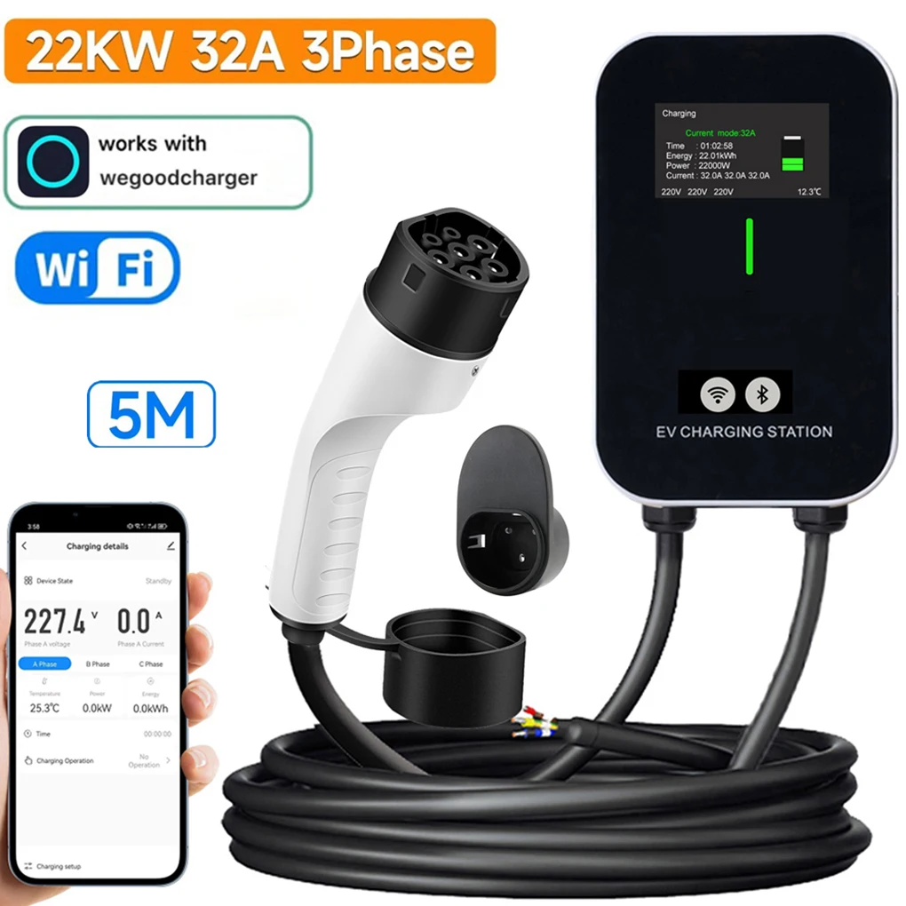 Pengisi Daya EV Kotak Dinding Tipe-2 7KW 11KW 22KW 1/3 Fase Stasiun Pengisian EV 16A 32A 5M Aplikasi Pengisi Daya EV Kontrol Bluetooth