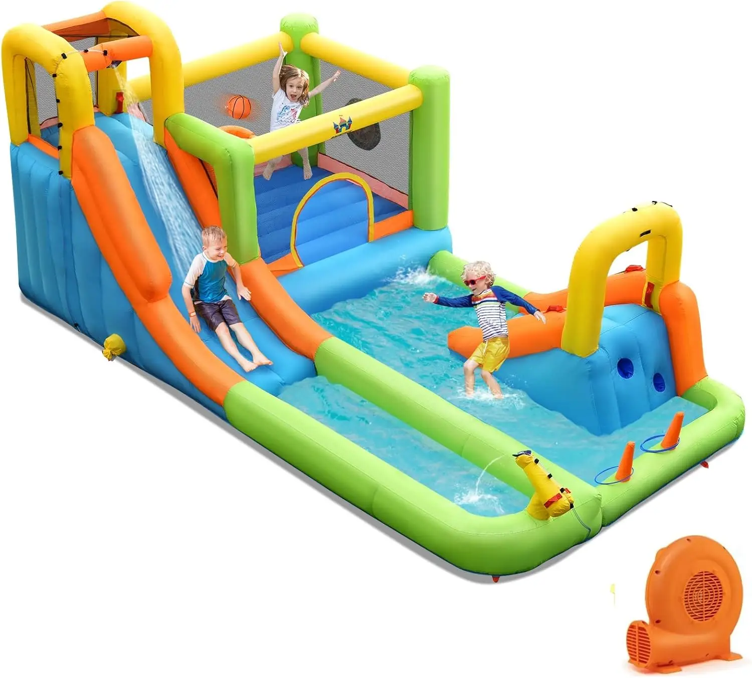 Nadmuchiwana zjeżdżalnia wodna, 8 W 1 Mega dom do odbijania wody z długą zjeżdżalnią i basenem do zabawy na świeżym powietrzu, dmuchawa 750W, Wat
