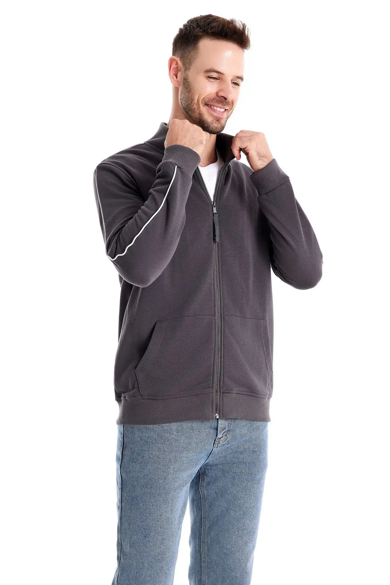 Autumn Winter Stand Collar Zip-Up Long Sleeve Sweatshirt Men's Color-Block Sportswear