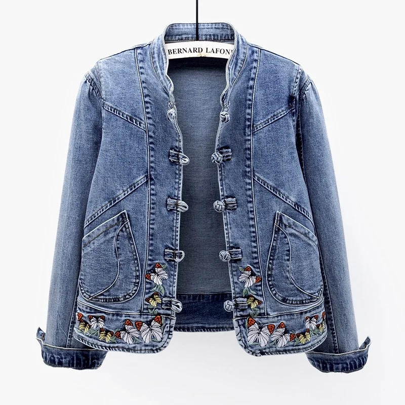 Autumn New Vintage Butterfly Embroidery Denim Jacket Women Slim Short Outerwear Stand Collar Jeans Jacket Coat Female Streetwear