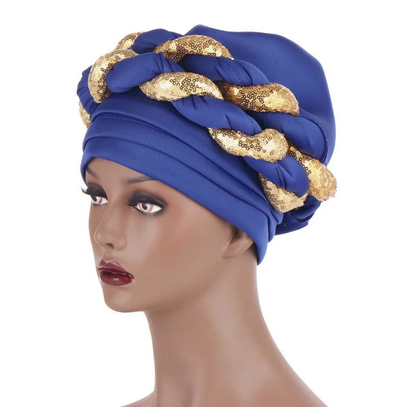 KepaHoo Women Headtie Gele Turban Cap African Head Wrap Cap Auto Gele Nigerian Turban Sequins Headties Bonnet Wedding Hijab